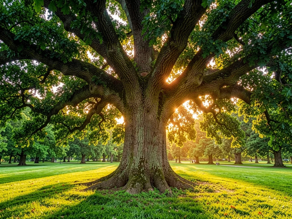 Large healthy oak tree in a green park during sunset, representing professional arboriculture and tree preservation services.