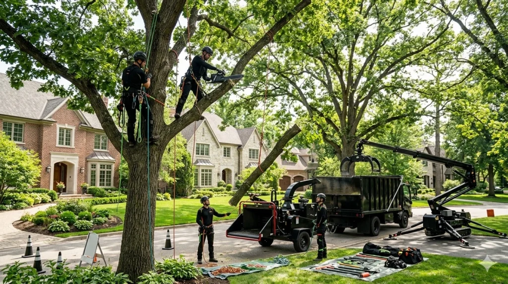 Five-person professional arborist team performing a complete technical removal with climbers, a powerful chipper, and a grapple truck in front of a luxury home.