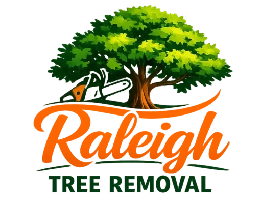 Raleigh Tree Removal logo with a green tree, orange swoosh, and chainsaw icon on a white background.