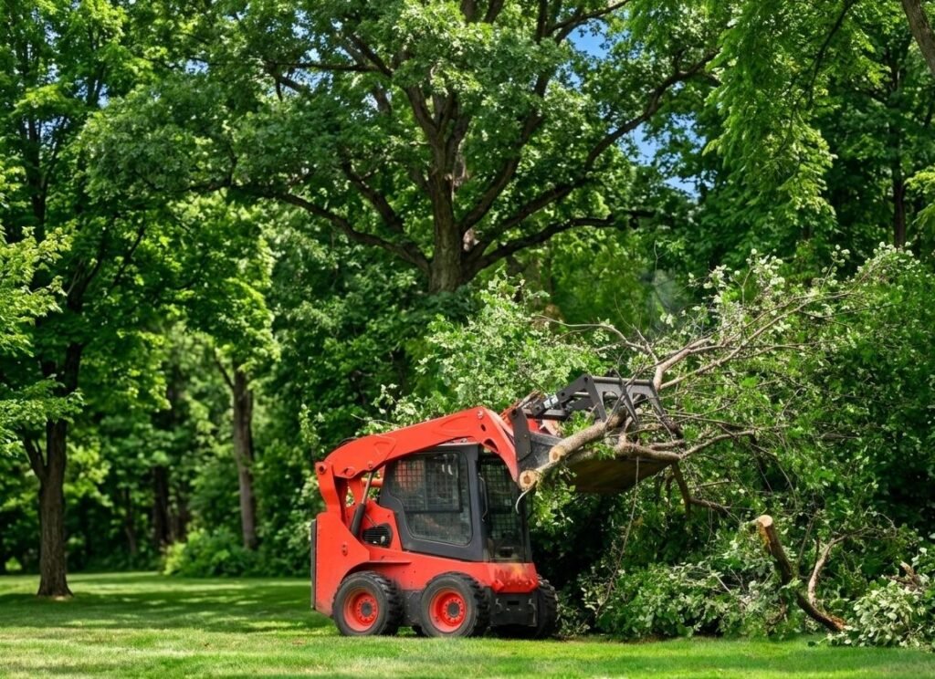A red skid-steer loader in a grassy park clearing large downed tree branches with its grapple attachment after a storm.