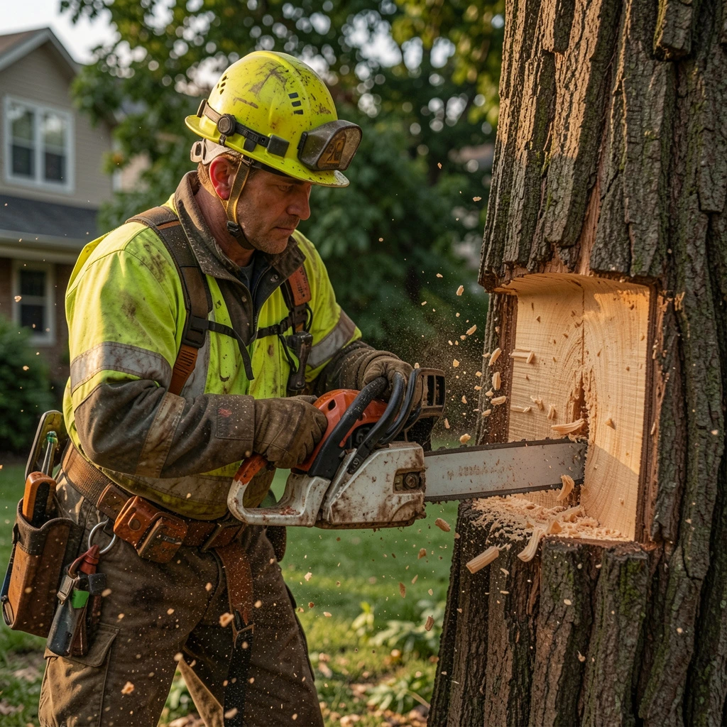 A skilled arborist using a chainsaw and safety gear to perform a precision cut on a large tree trunk for a residential removal project
