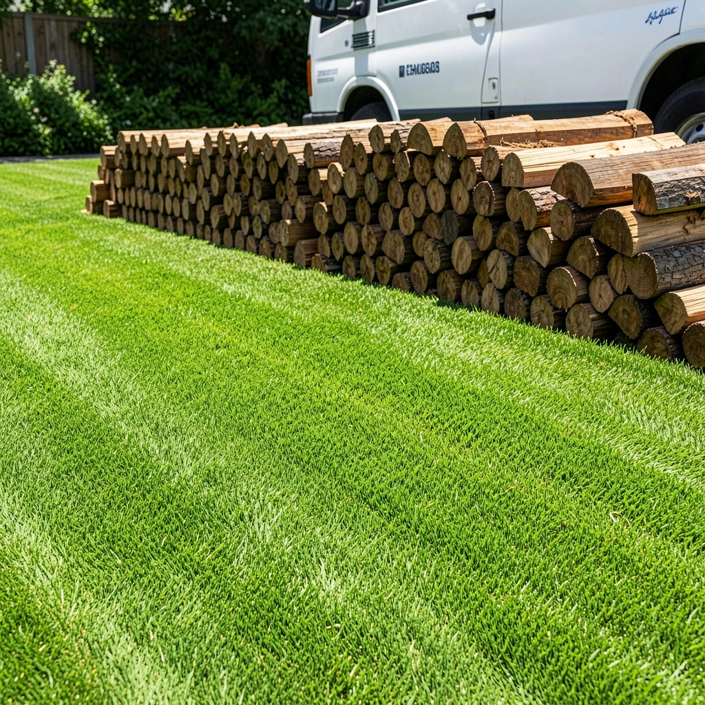 A pristine green lawn with neatly stacked wood logs and a service vehicle in the background following a professional tree removal project.