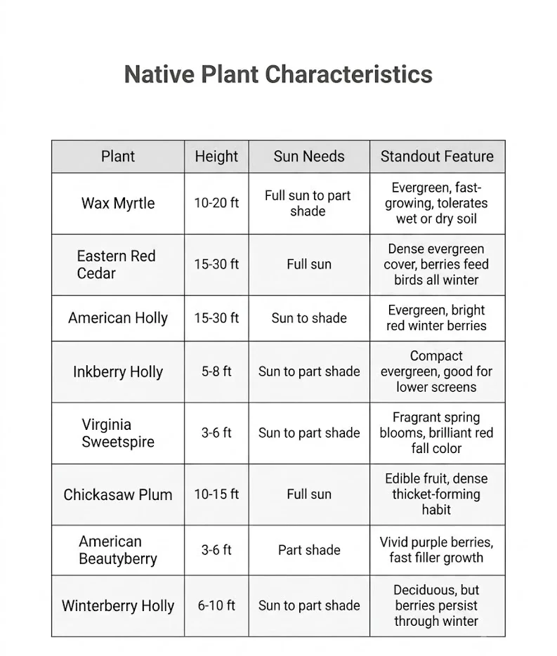 An informational table titled "Native Plant Characteristics" listing eight plant species. For each plant, the table provides columns for typical height, sun needs, and a description of its standout feature.