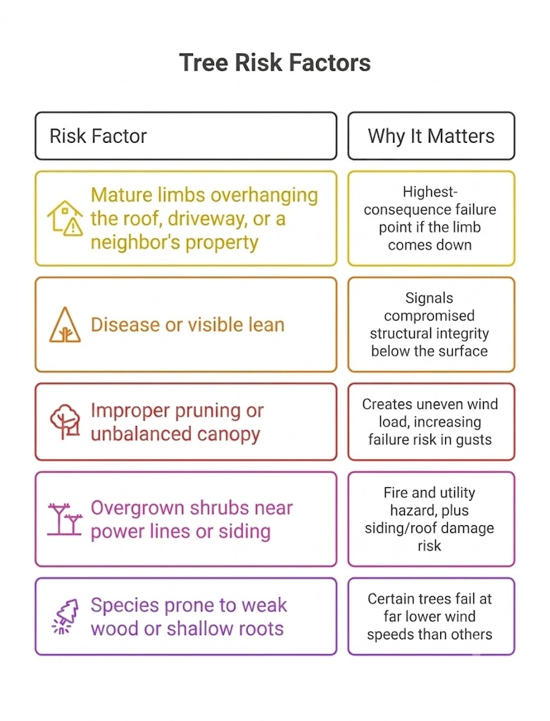Infographic detailing tree risk factors—such as overhanging limbs, visible lean, improper pruning, and power line proximity—and why each matters for property safety.