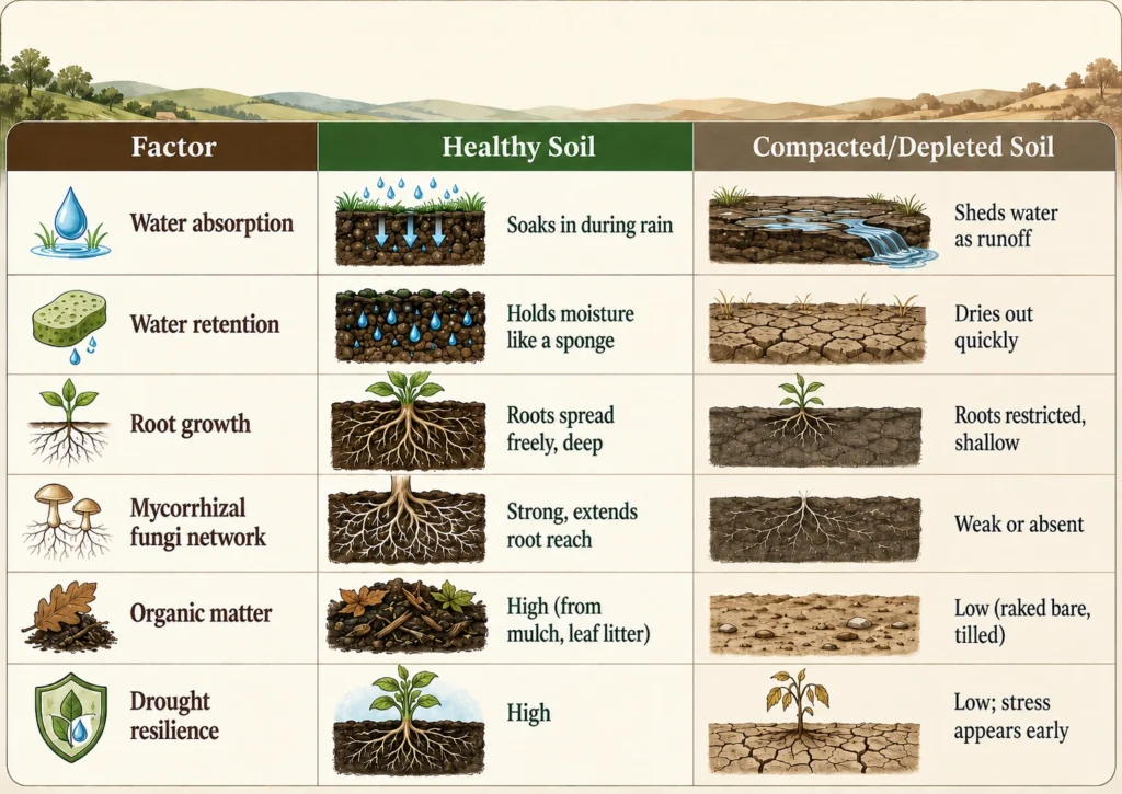 A comparison table illustrating six factors—water absorption, retention, root growth, fungi network, organic matter, and drought resilience—between healthy soil and compacted soil.