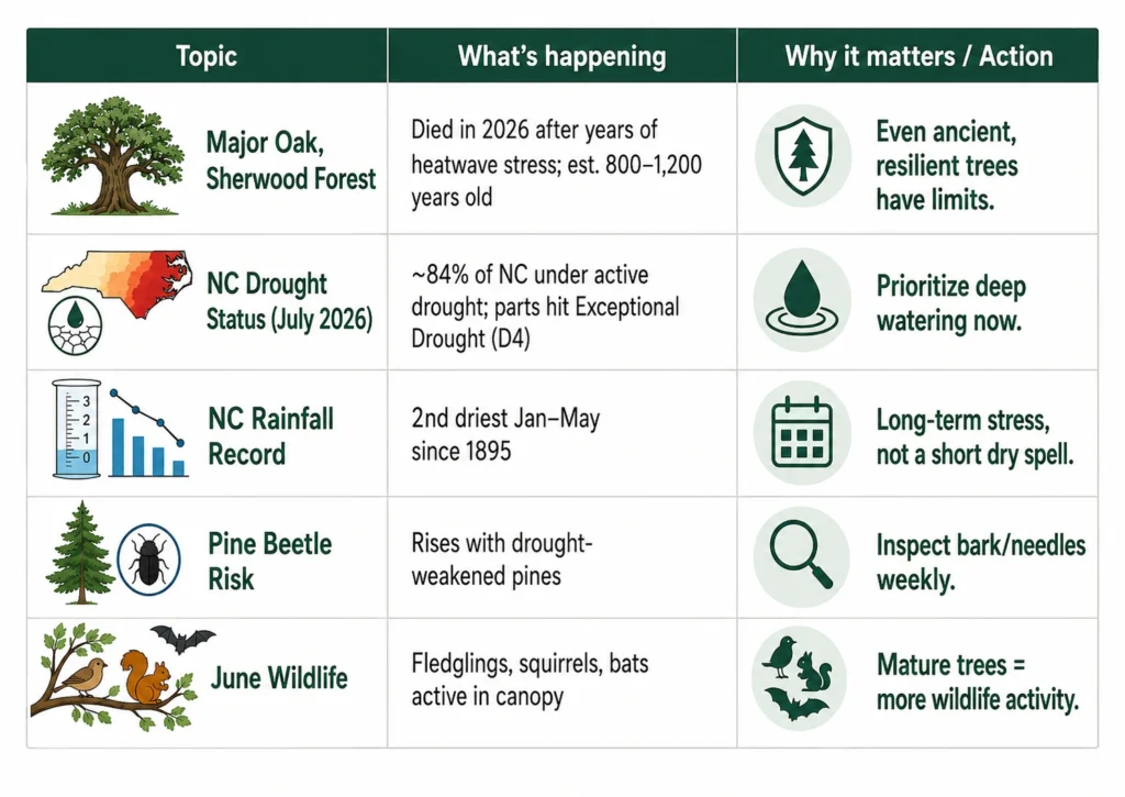 A three-column infographic table outlining topics including Sherwood Forest's Major Oak, North Carolina drought status, rainfall records, pine beetle risk, and wildlife activity.