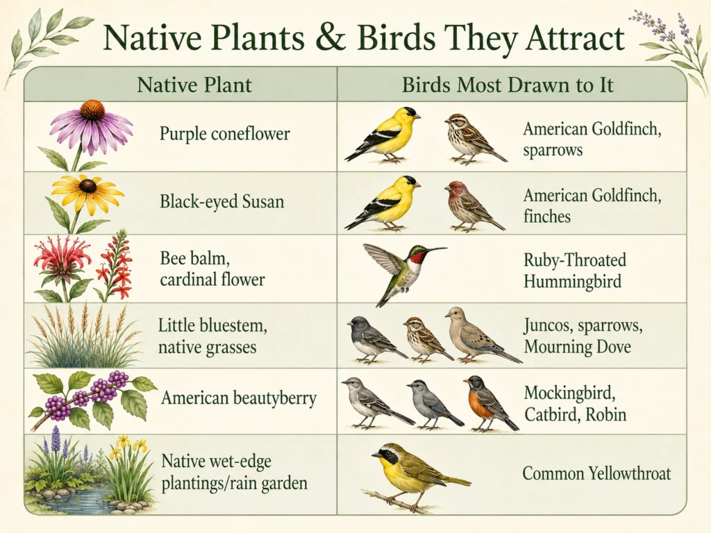Infographic showing North Carolina native plants like purple coneflower and beautyberry and the birds they attract in a Piedmont prairie
