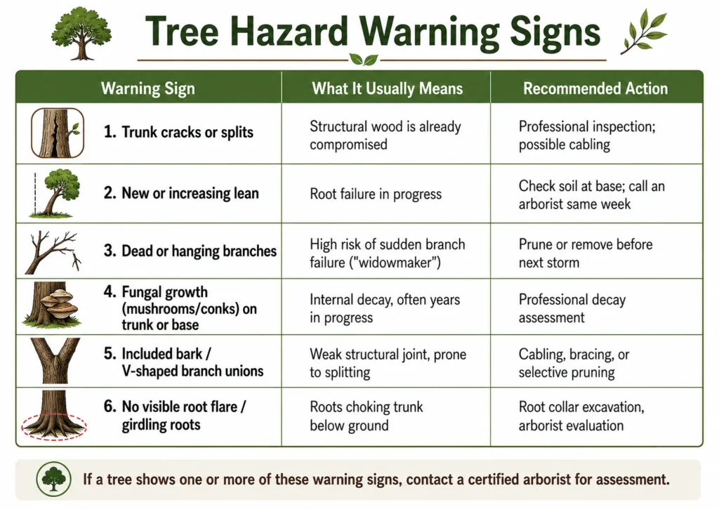 An infographic titled Tree Hazard Warning Signs listing 6 structural risks like trunk cracks, leaning, and fungal growth with actions.